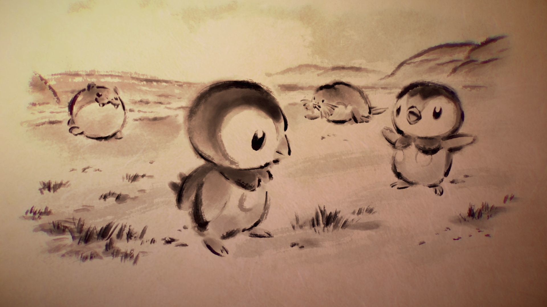 Illustrazione di pinguini e un criceto su un terreno sabbioso.