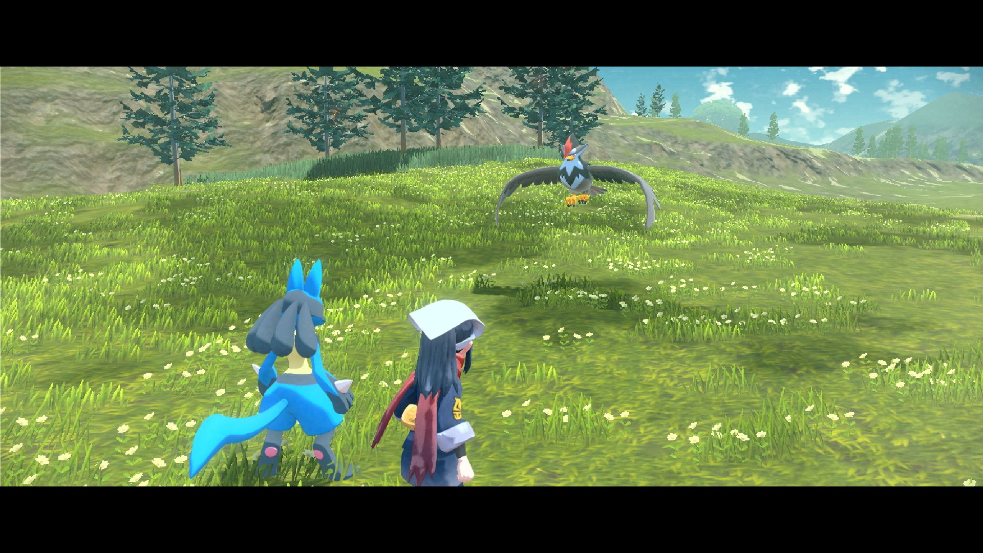Due personaggi in un videogioco, un grande uccello vola sopra di loro, in un campo verde.