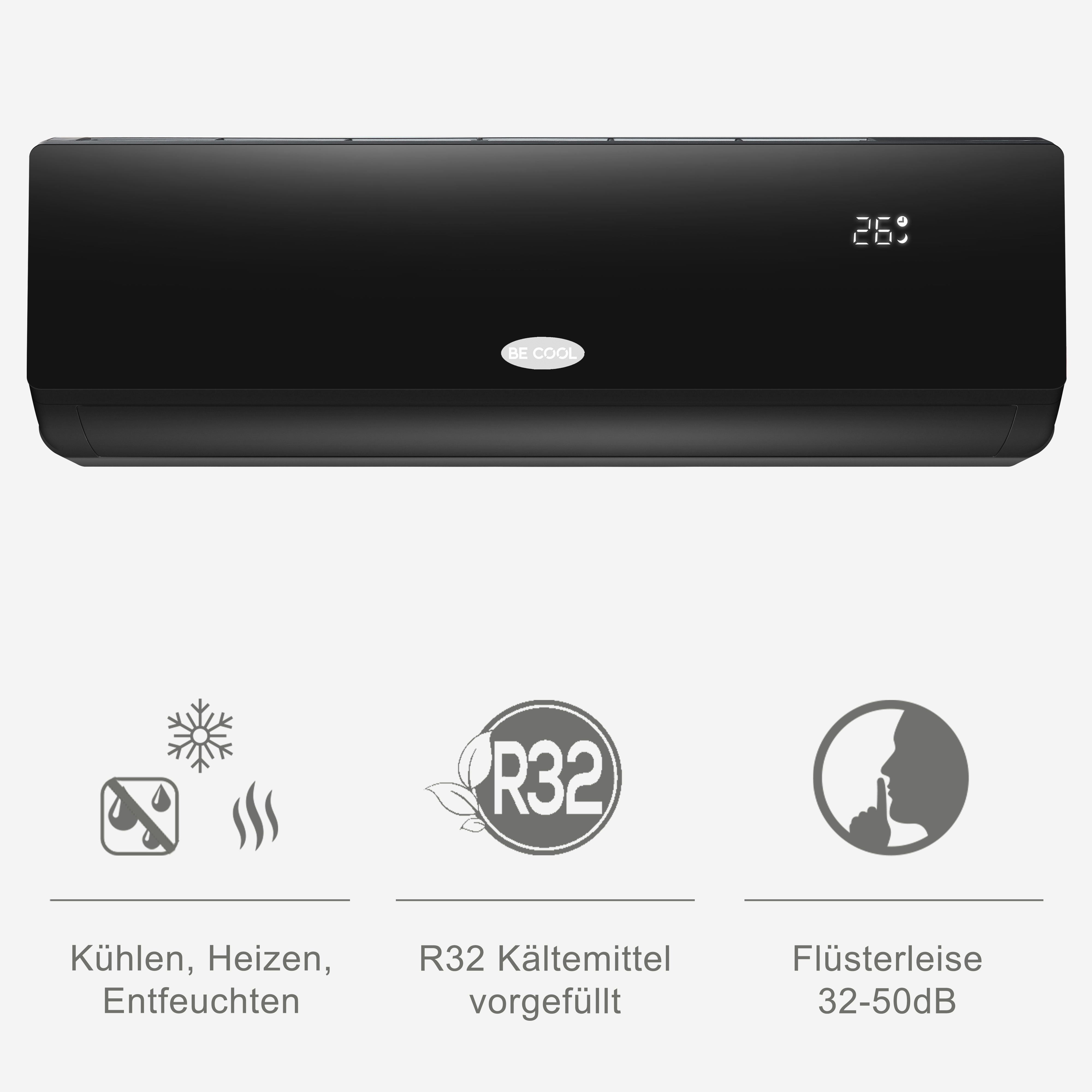 Eine schwarze Klimaanlage mit Anzeigen für Kühlen, Heizen, Entfeuchten und leisen Betrieb.