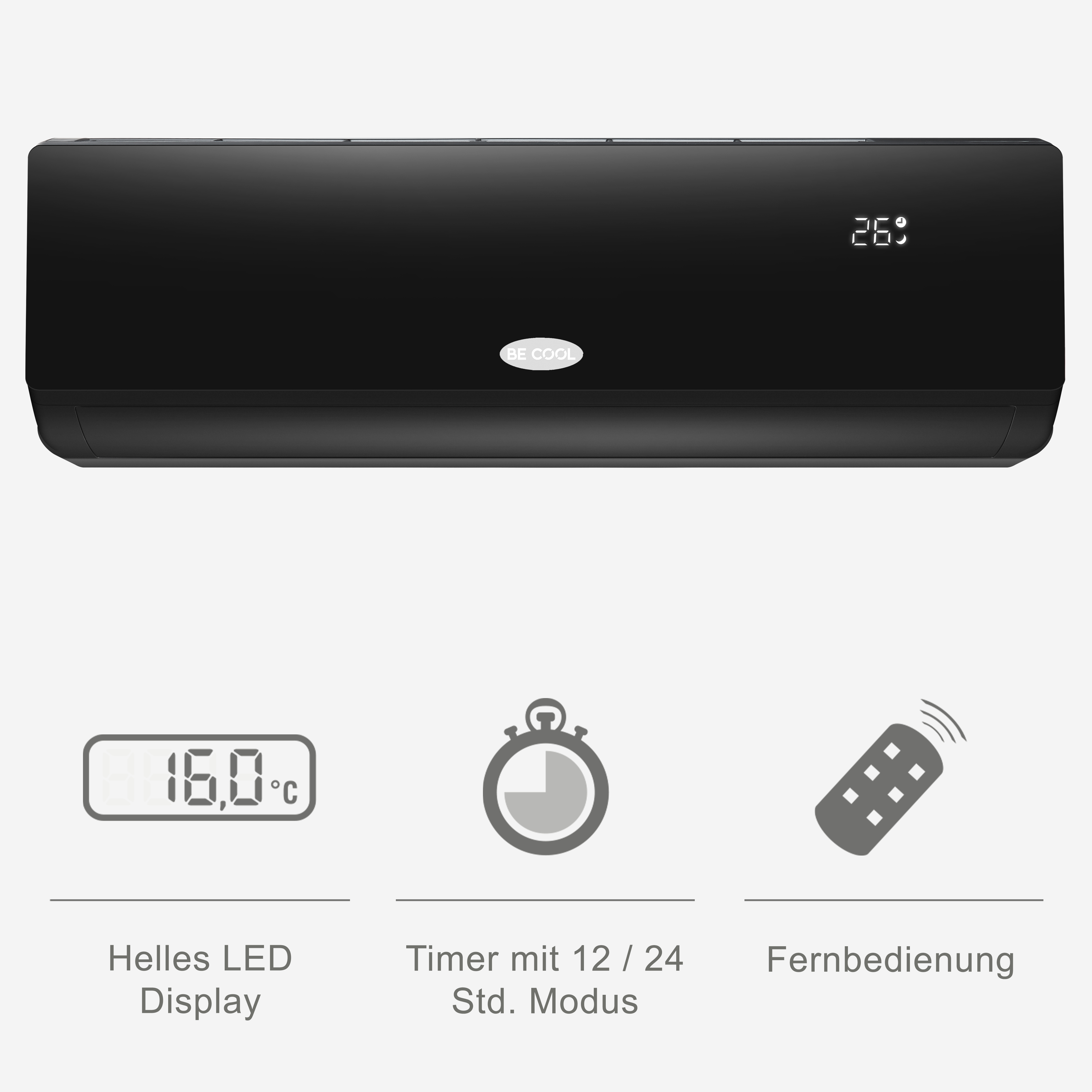 Schwarze Klimaanlage mit Digitalanzeige für Temperatur. Symbole für Timer und Fernbedienung.