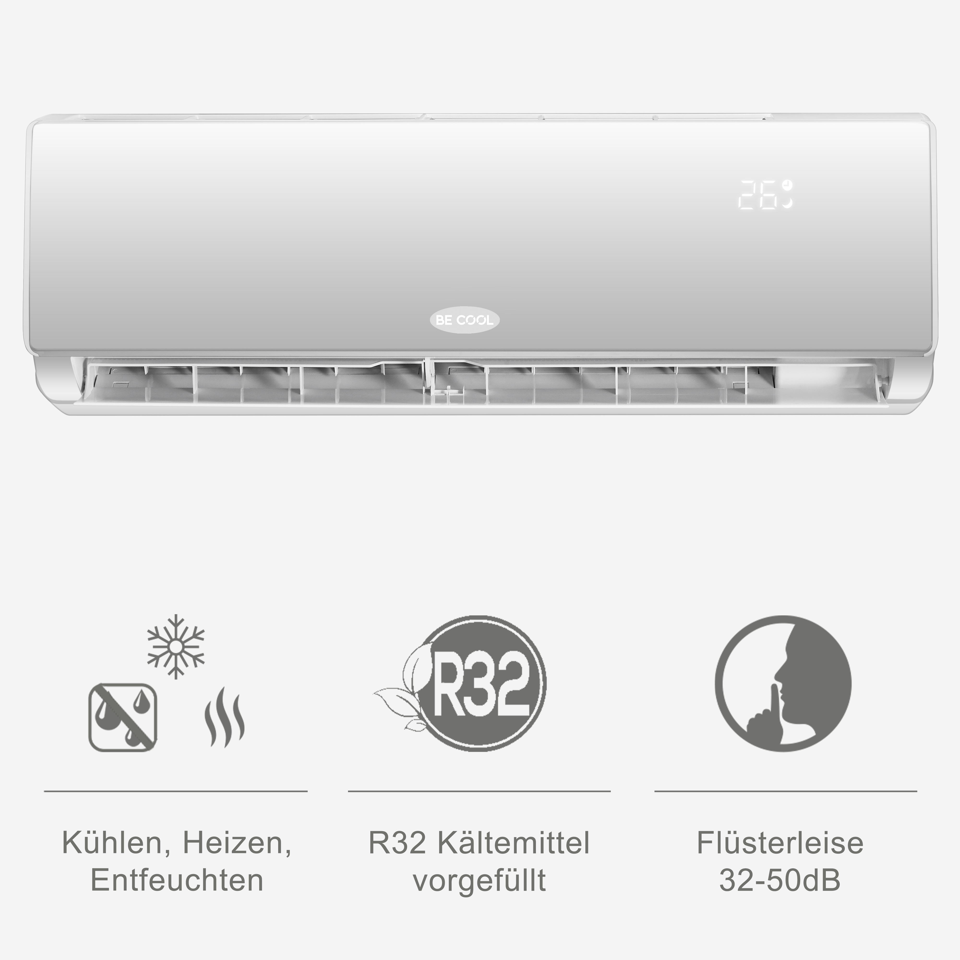 Weißer Klimaanlage mit Digitalanzeige, Symbolen und Text: Kühl, Heizen, Entfeuchten.