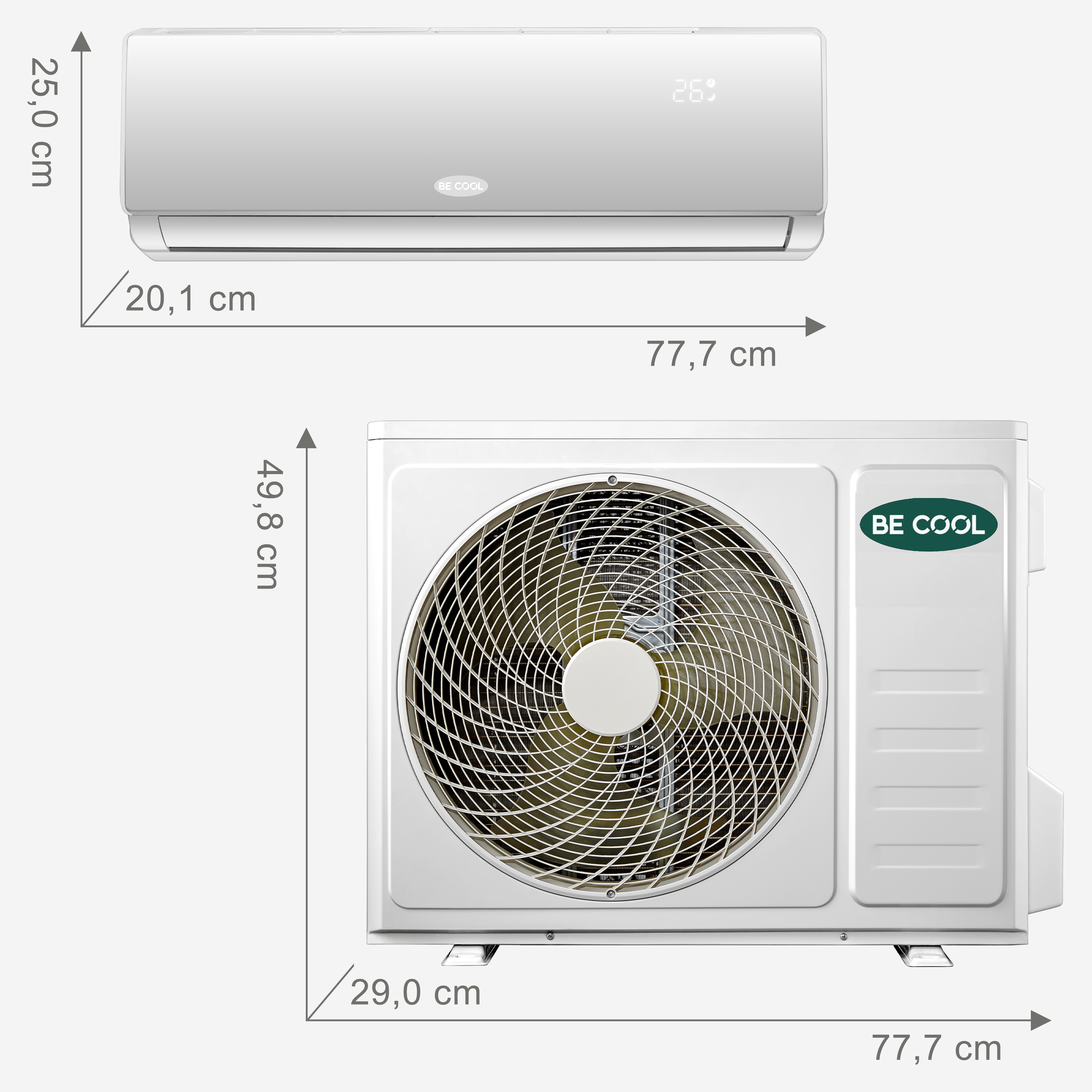 Eine weiße Klimaanlage mit Abmessungen, Ansicht von oben und außen.