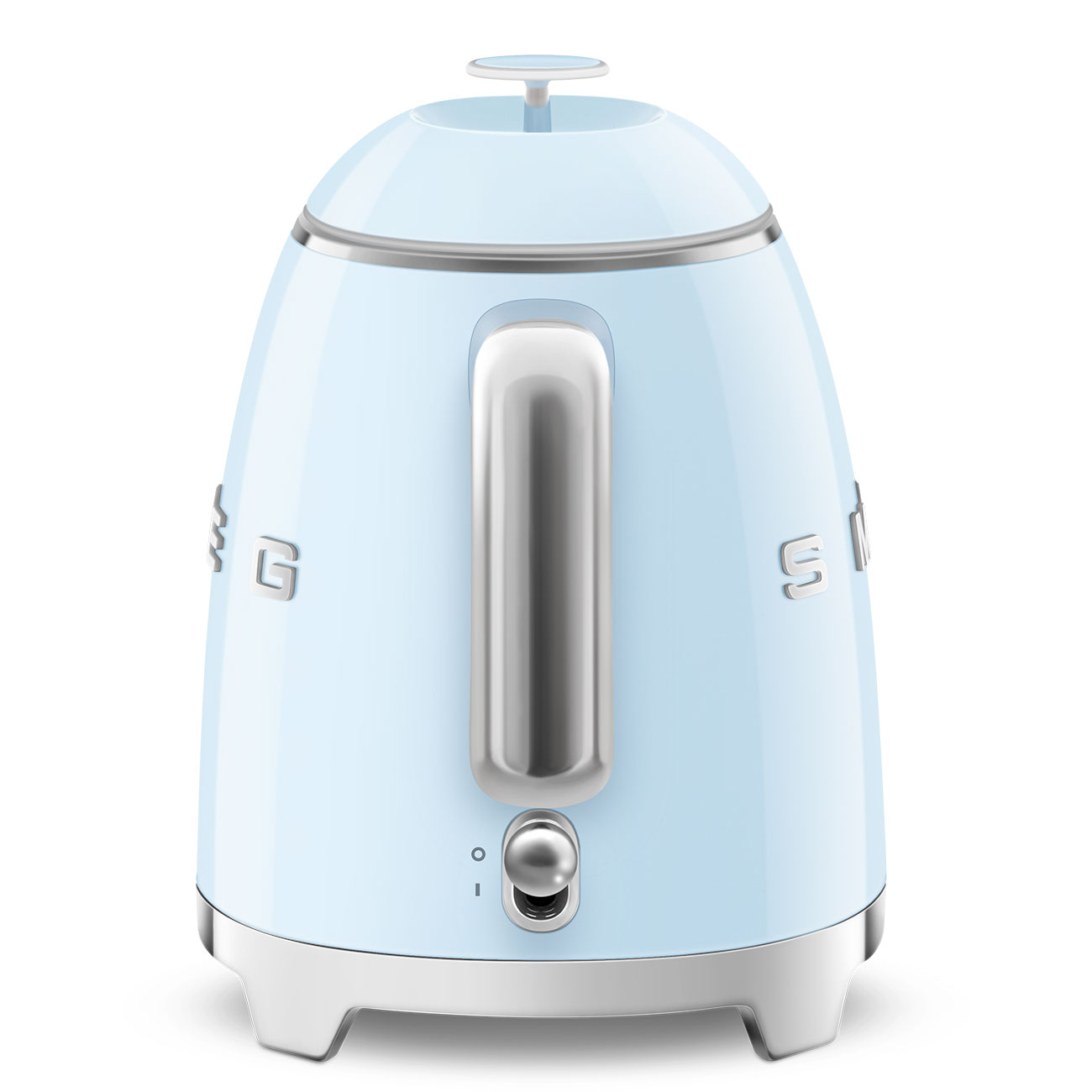 Hellblaue Smeg-Kessel mit silbernem Griff, Ein-/Ausschalter und Sockel.