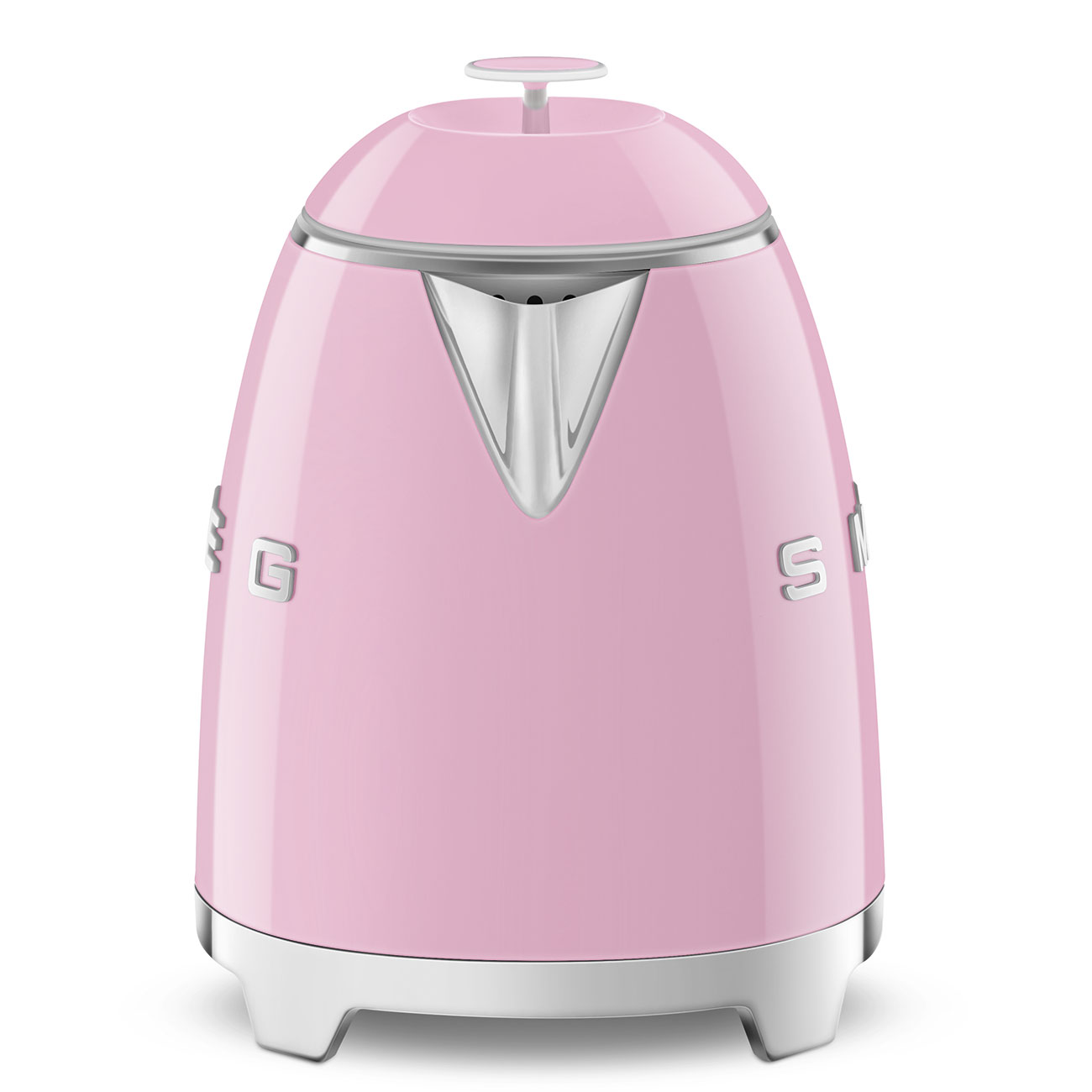 Ein pinkfarbener Smeg-Wasserkocher mit silbernem Ausguss und Sockel, weißer Hintergrund.