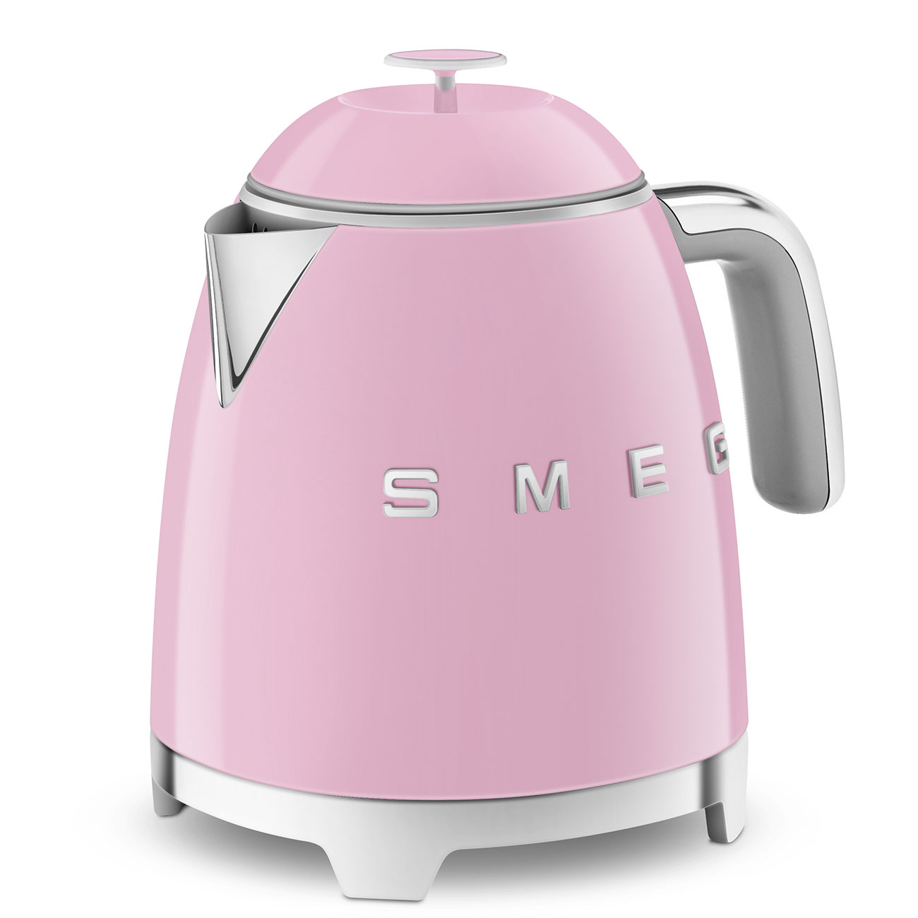 Ein rosa elektrischer Wasserkocher mit silbernem Griff und Sockel. Weißer Hintergrund.