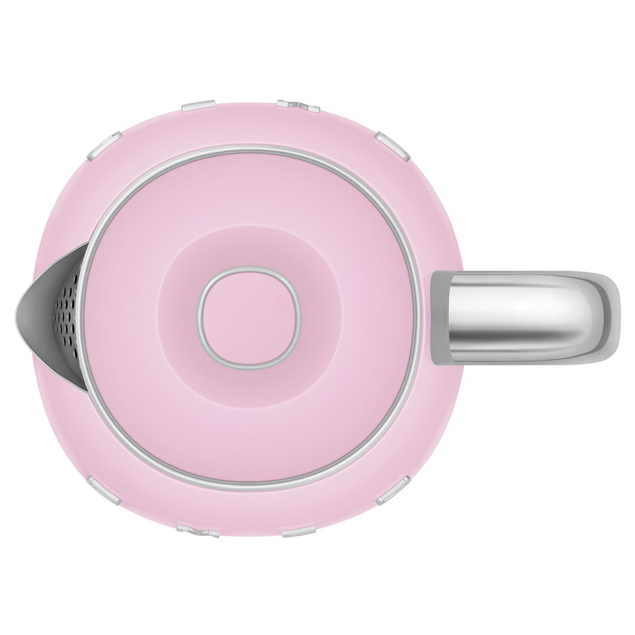 Ein rosa elektrischer Wasserkocher. Er wird von oben betrachtet, mit einem Griff auf der rechten Seite.