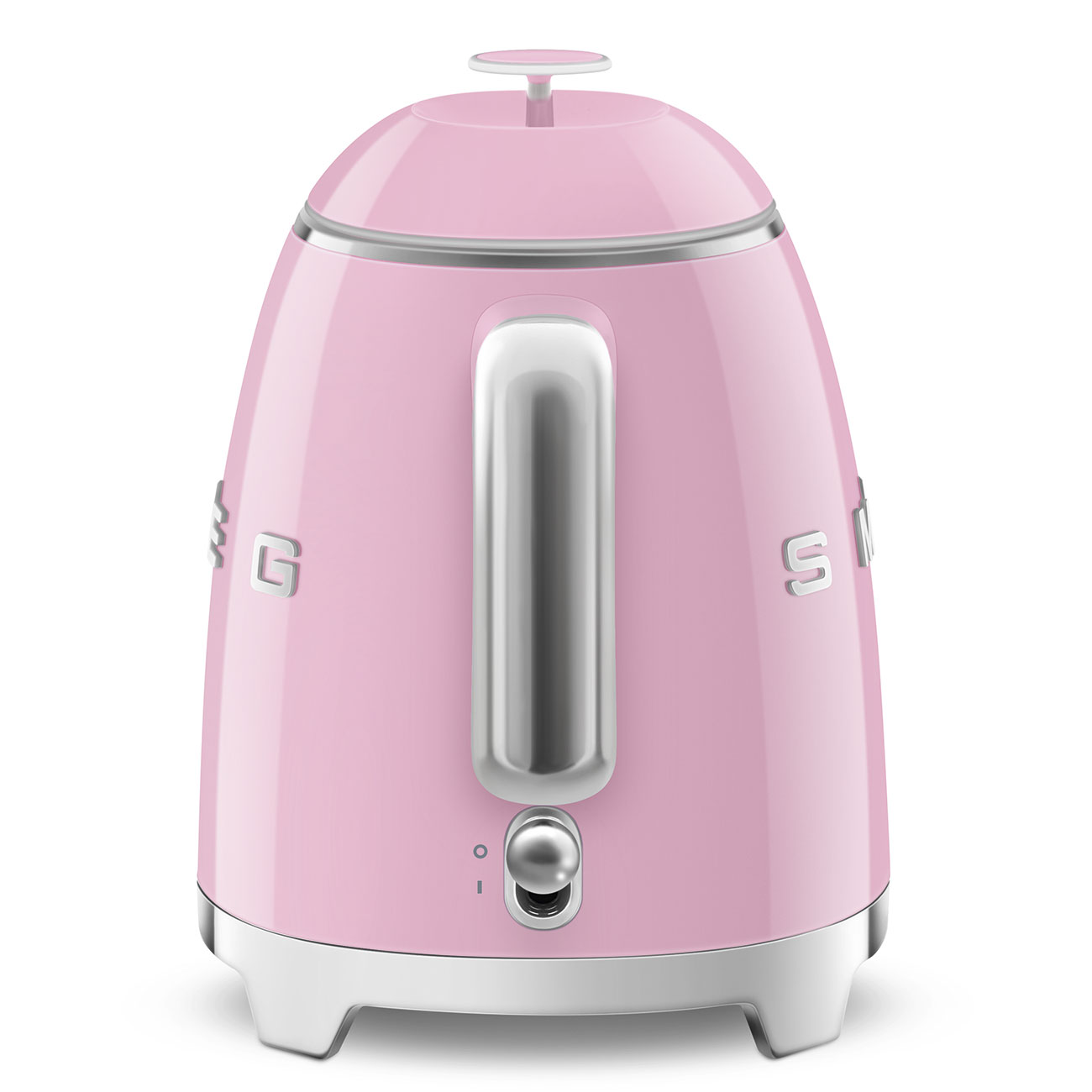 Pinkfarbener Wasserkocher mit silbernem Griff, Boden und Knopf.