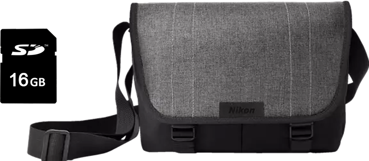 Eine graue Nikon Kameratasche mit einer SD-Karte.