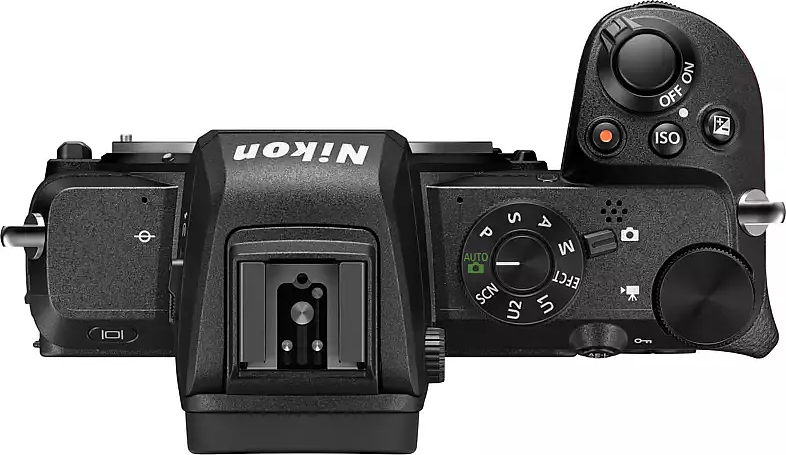 Draufsicht auf eine schwarze Nikon-Kamera. Es hat mehrere Knöpfe und Räder.