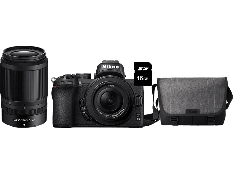 Nikon Z 50 Systemkamera mit DX 16-50mm VR, 50-250mm Tasche und 16GB Speicherkarte; Systemkamera Set