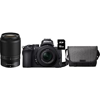 NIKON Z 50 Systemkamera mit Z DX 16-50mm VR, Z DX 50-250mm VR, Tasche und 16GB Speicherkarte