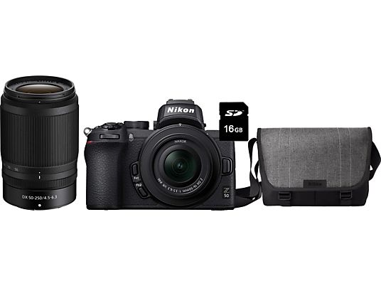NIKON Z 50 Systemkamera mit Z DX 16-50mm VR, Z DX 50-250mm VR, Tasche und 16GB Speicherkarte