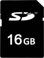 Eine schwarze 16GB SD-Speicherkarte mit dem SD-Logo wird gezeigt.