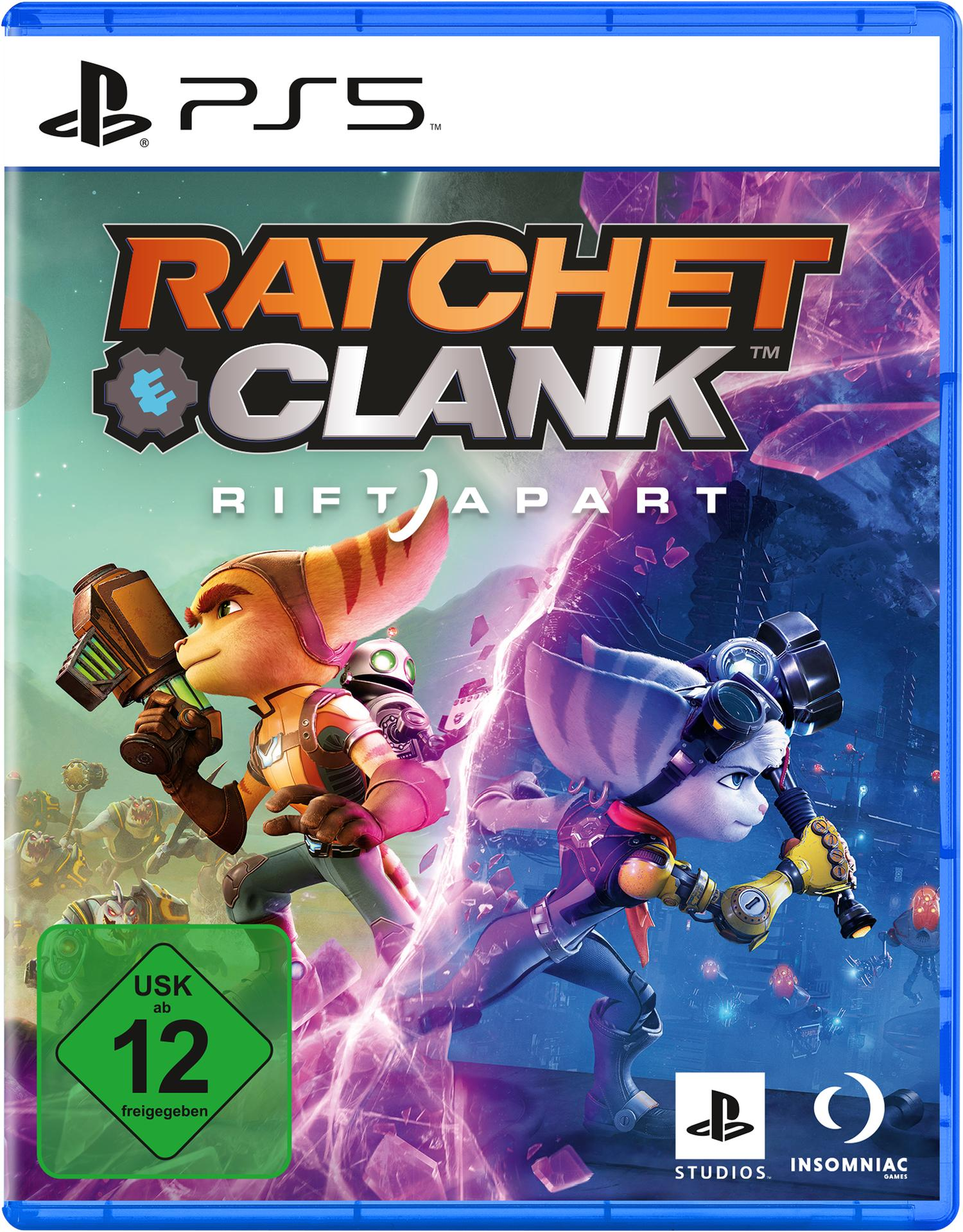PS5-Spielcover: Ratchet & Clank: Rift Apart. Zwei Charaktere mit Waffen. Text und Logos sind sichtbar.