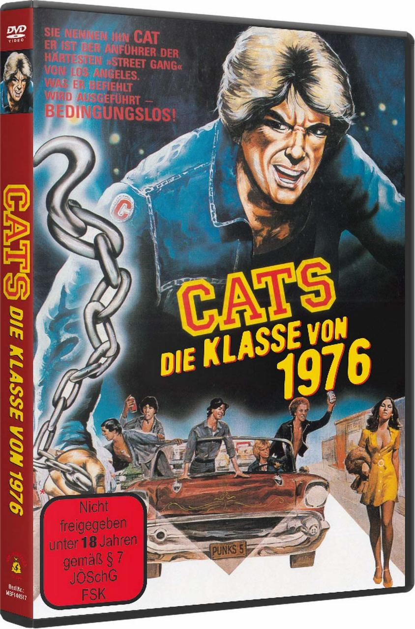 DVD-Cover des Films Cats, mit einem Mann, der eine Kette hält, und einer Gruppe von Leuten in einem Auto.