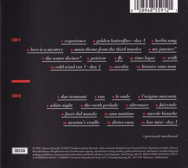 CD-Cover mit Titellisten für zwei CDs. Das Cover ist überwiegend schwarz-weiß.