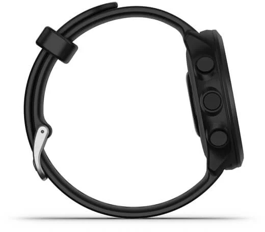 Zwarte smartwatch, zijaanzicht. De band is gelust. Drie knoppen aan de zijkant. Witte achtergrond.