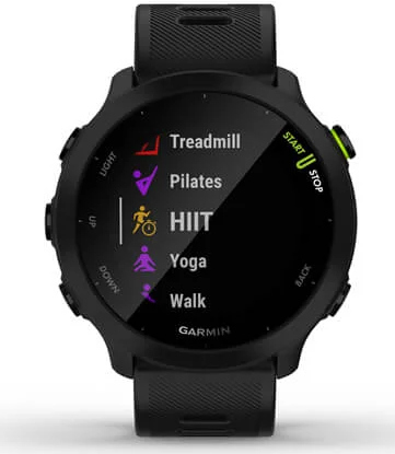 Zwarte Garmin smartwatch met workout opties: Loopband, Pilates, HIIT, Yoga, Wandelen.