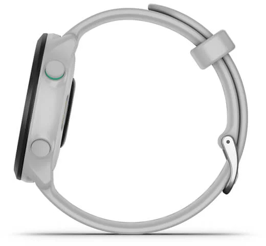 A side view of a white and gray smartwatch. The watch band is white, and the watch has buttons.