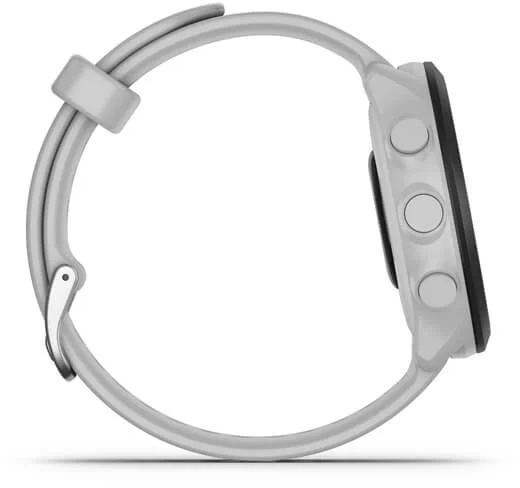 A side view of a white smart watch.