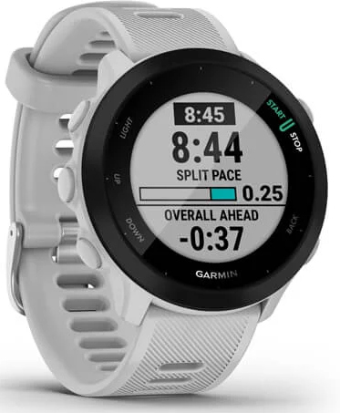 Garmin watch with a digital display, showing time, pace, and distance metrics.