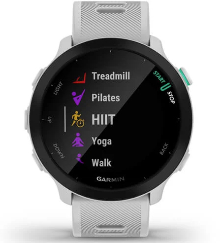 Smartwatch displaying workout options: Treadmill, Pilates, HIIT, Yoga, Walk. White strap, black screen.