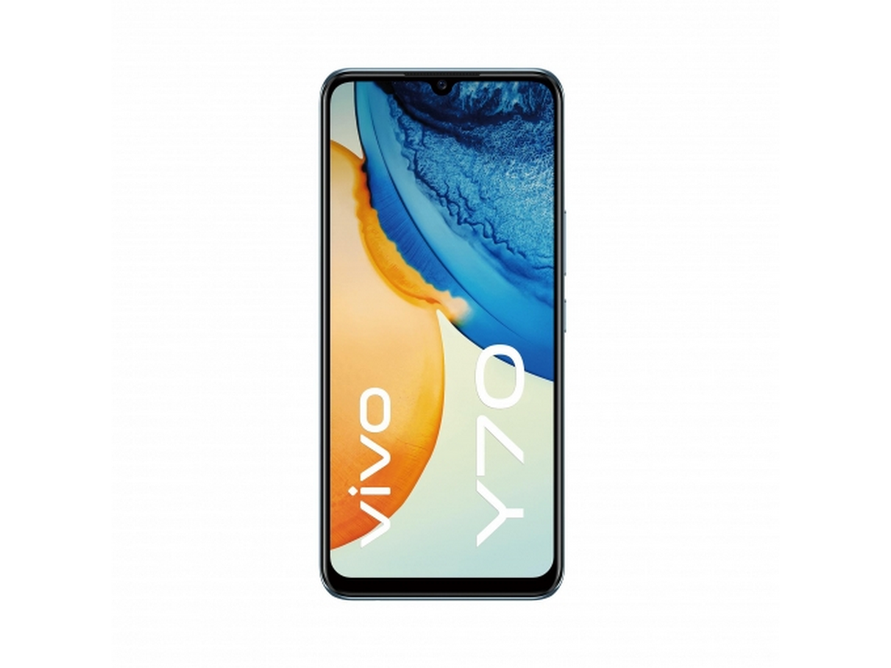 Un smartphone con el logo vivo Y70 en la pantalla. La pantalla muestra un diseño abstracto azul y naranja.