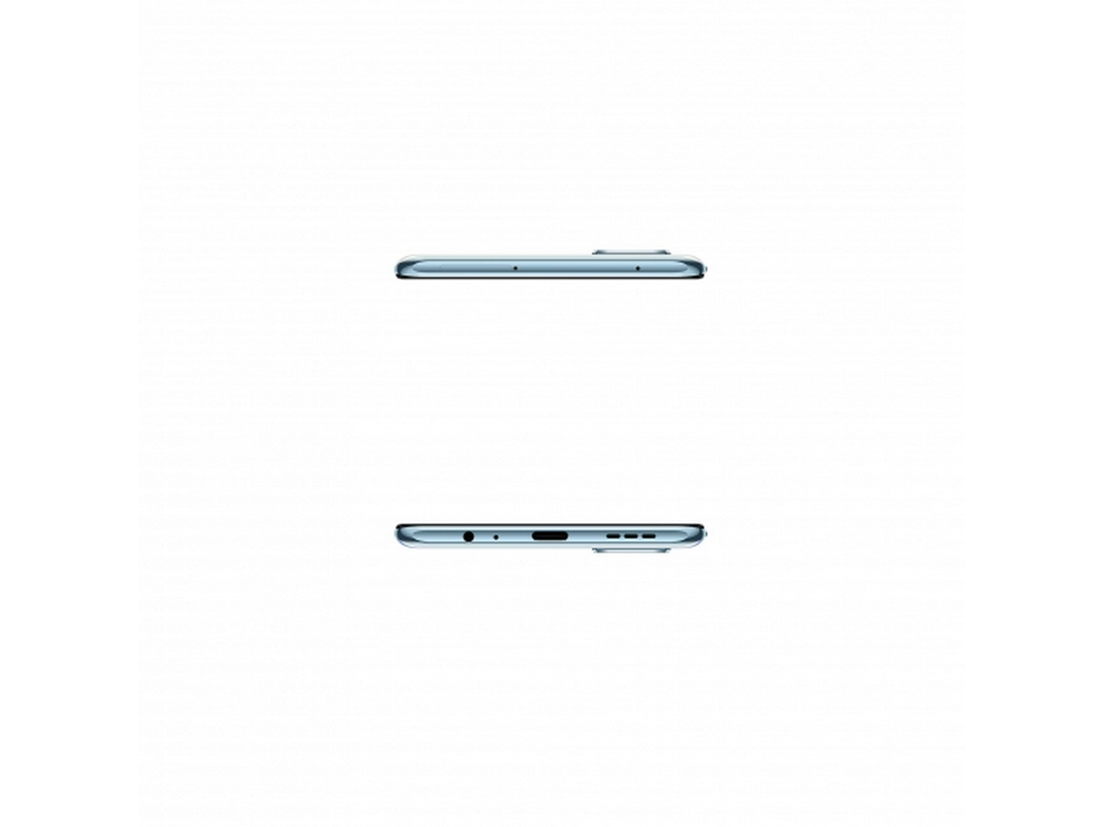 Dos smartphones, vista lateral, celeste, colocados sobre un fondo blanco.
