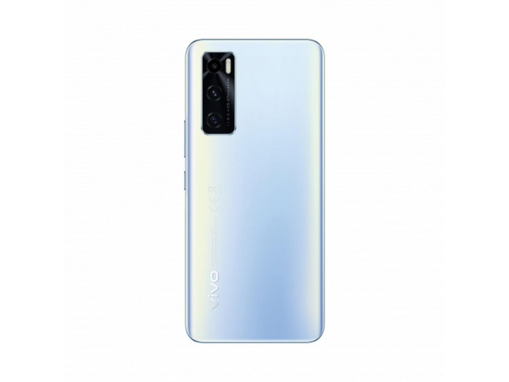 La parte trasera de un teléfono inteligente azul con una configuración de triple cámara y un logotipo de Vivo.