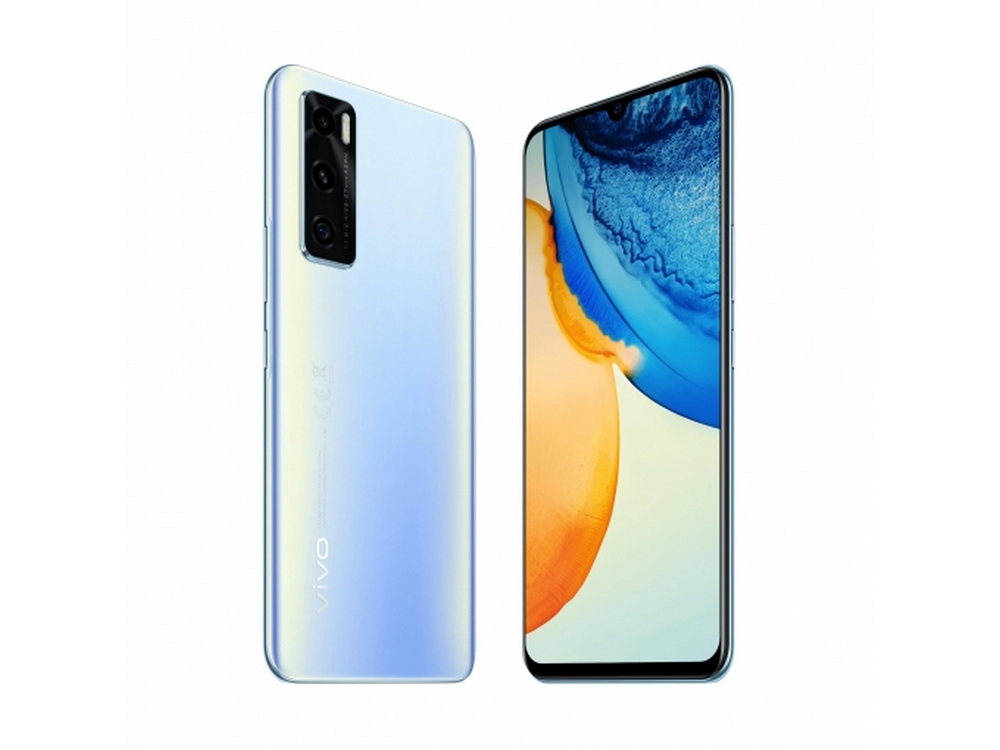Dos smartphones, uno azul, uno blanco, con vistas trasera y frontal.