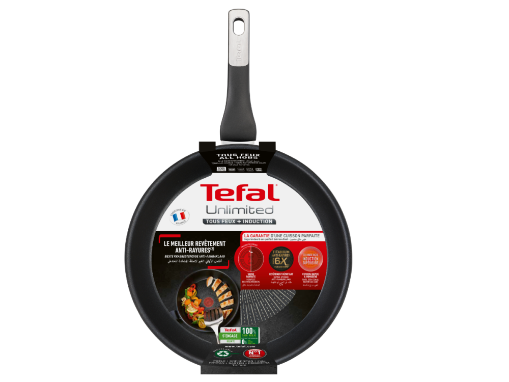 Sartén negra con asa e instrucciones de cocina.
