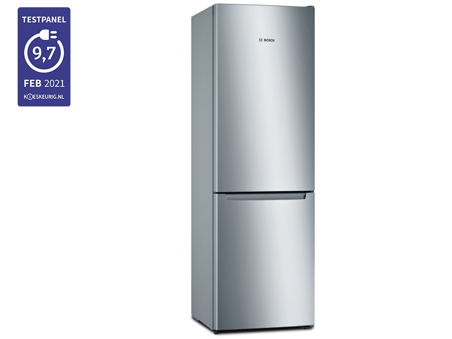 A silver refrigerator with two doors. There is a test panel sticker on the left side.