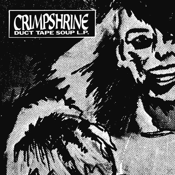 Schwarz-weiß-Albumcover mit einem lächelnden Gesicht und dem Bandnamen "Crimpshrine".