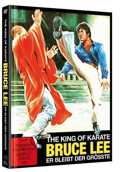 Filmcover: Bruce Lee in einer Kampfszene. Rot gekleideter Mann tritt, Bruce blockt. Text: The King of Karate.