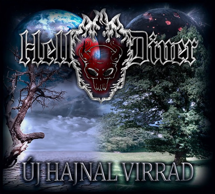Album borító, Hell-Diner zenekar logója koponyával és bolygókkal. Cím: Uj Hajnal Virrad.