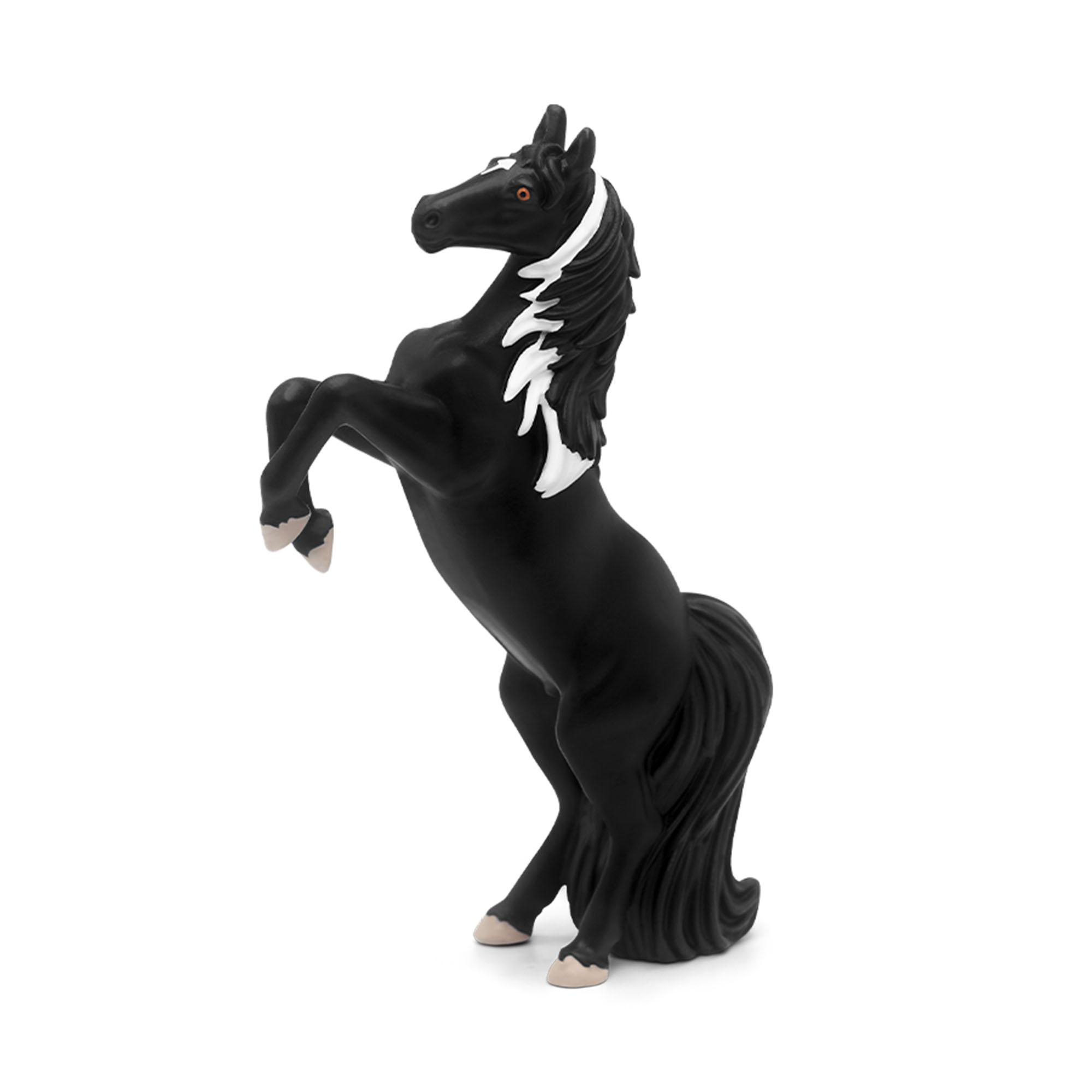 Ein schwarzes Spielzeugpferd, das sich auf den Hinterbeinen aufrichtet, mit einem weißen Streifen auf der Mähne.