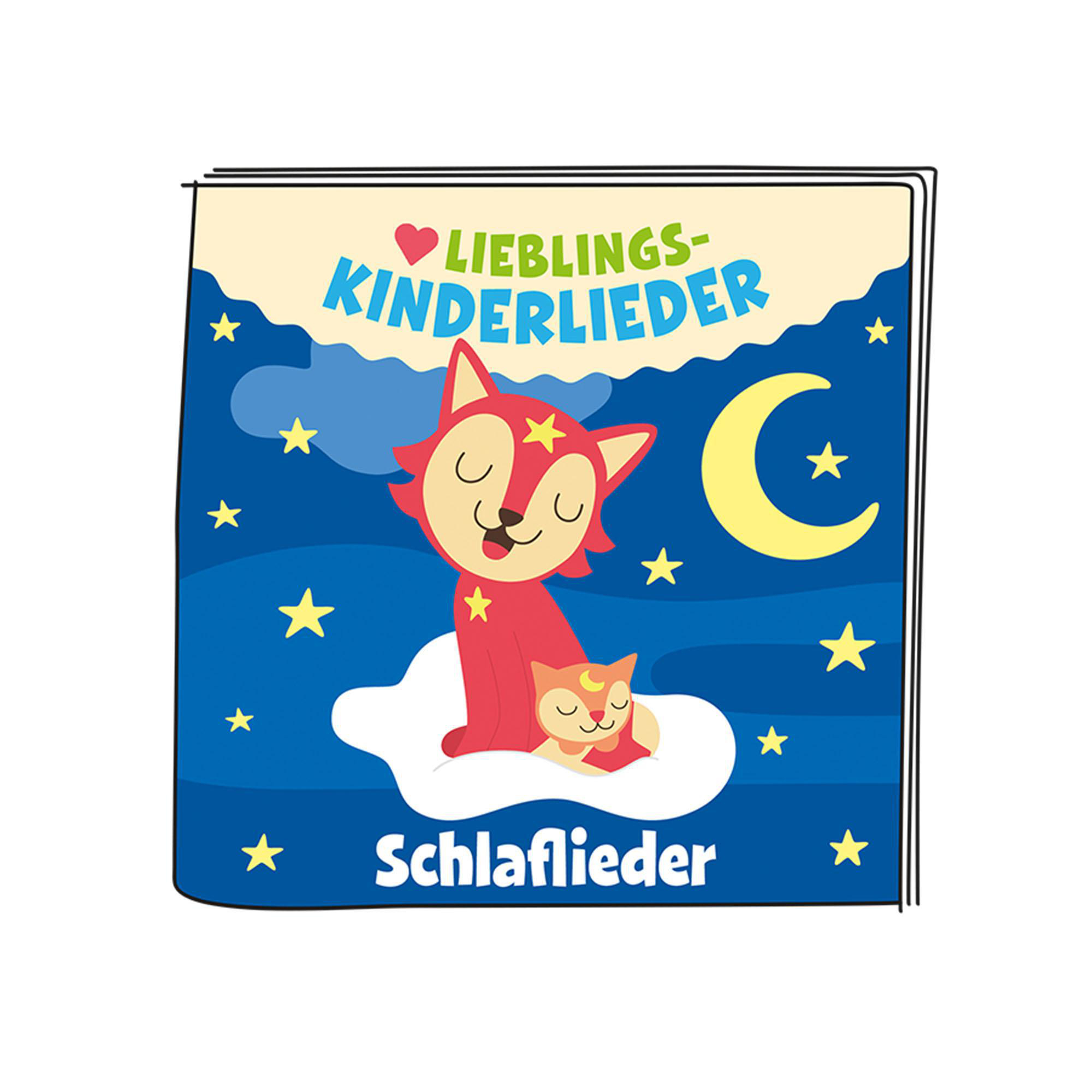Kinderbuchcover mit rotem Fuchs und kleinem Fuchs auf Wolke, mit Sternen und Mond.
