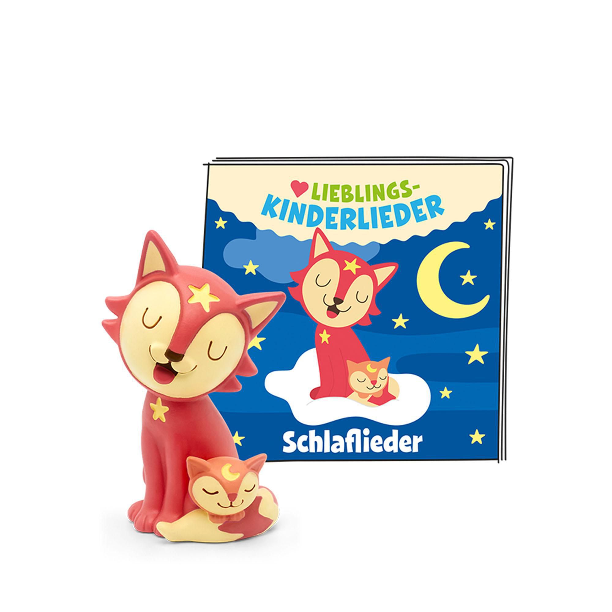 Ein rotes Fuchspielzeug und ein Buch mit dem Titel 'Lieblings Kinderlieder'. Das Buch zeigt einen Fuchs auf einer Wolke mit Sternen.