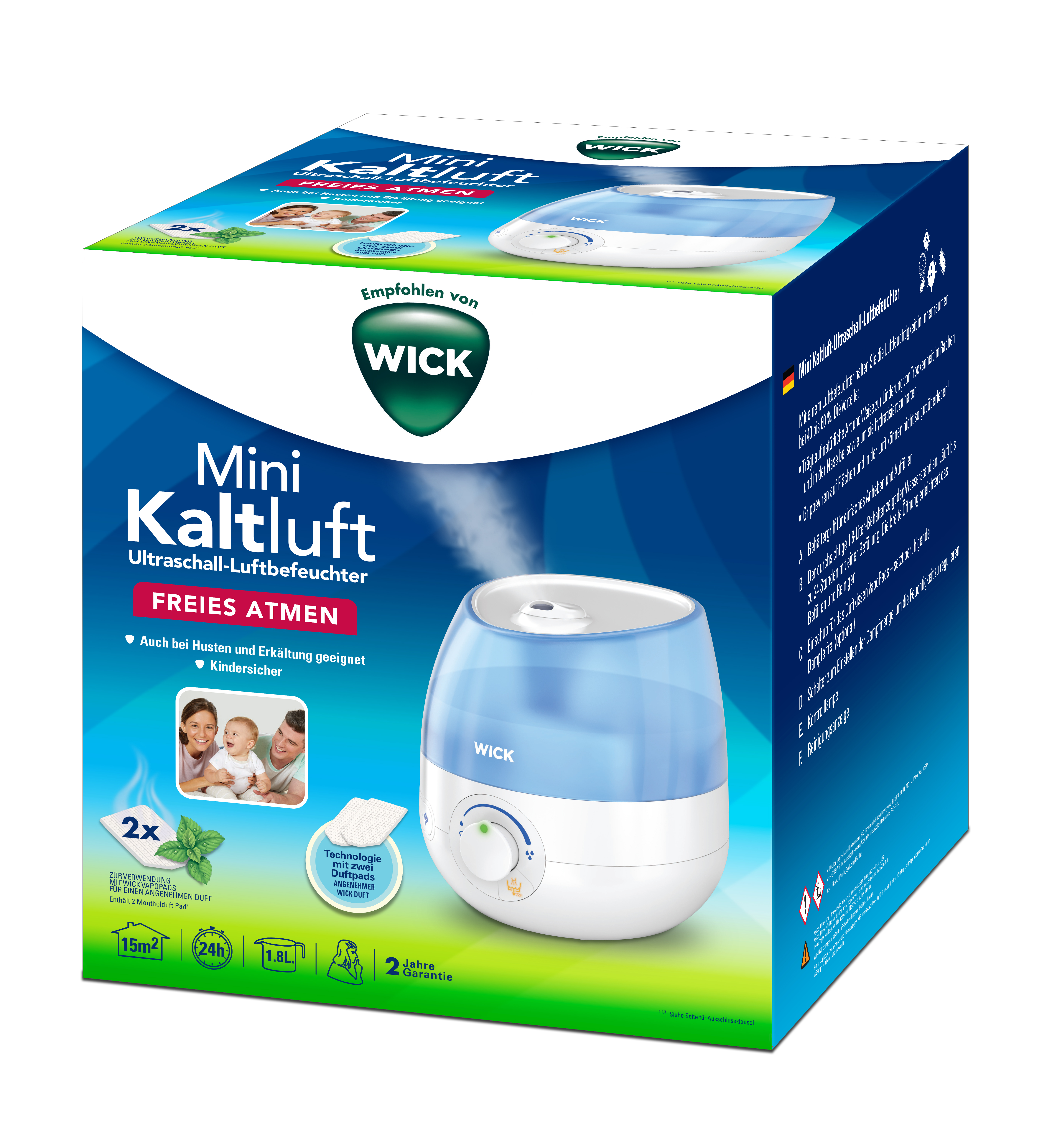Box mit blau-weißem Luftbefeuchter. WICK Mini Kaltluft Text ist sichtbar, und Familienbild.