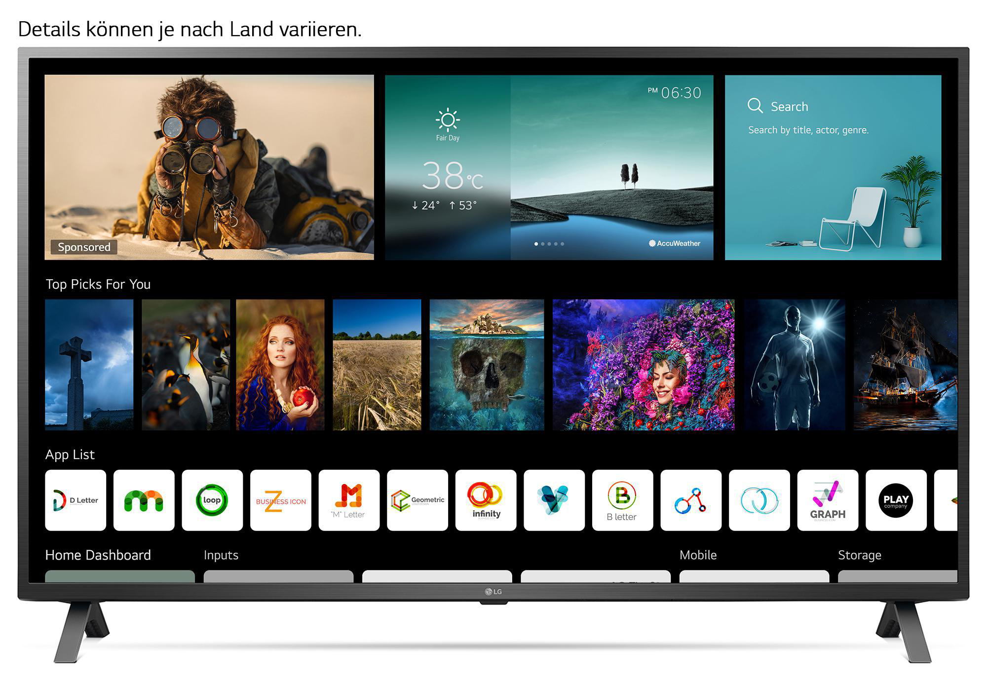 Ein Smart-TV-Bildschirm, der verschiedene Apps und Informationen auf weißem Hintergrund anzeigt.