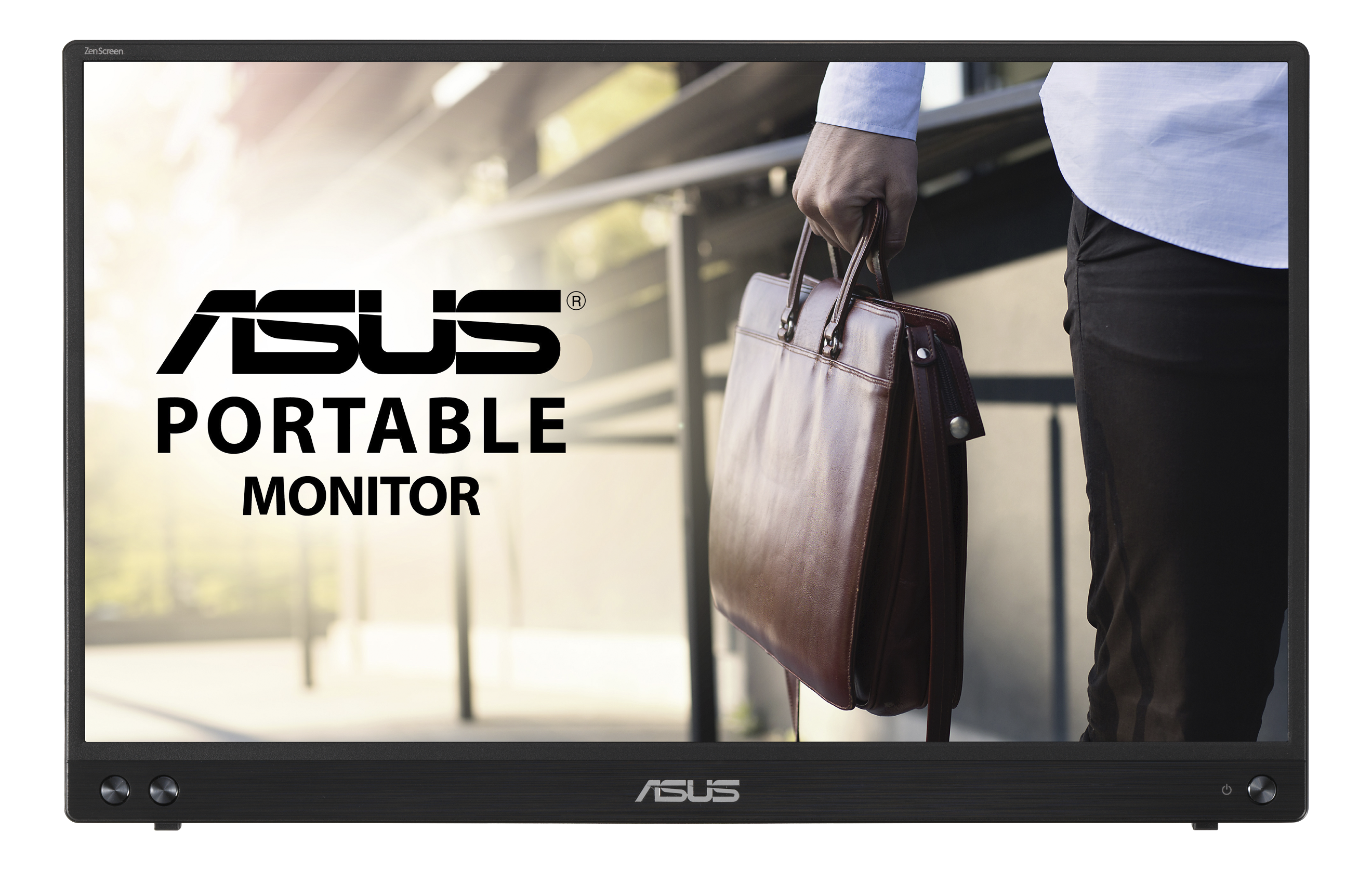 Tragbarer ASUS-Monitor. Eine Person hält eine braune Aktentasche. Der Monitor hat das ASUS-Logo.