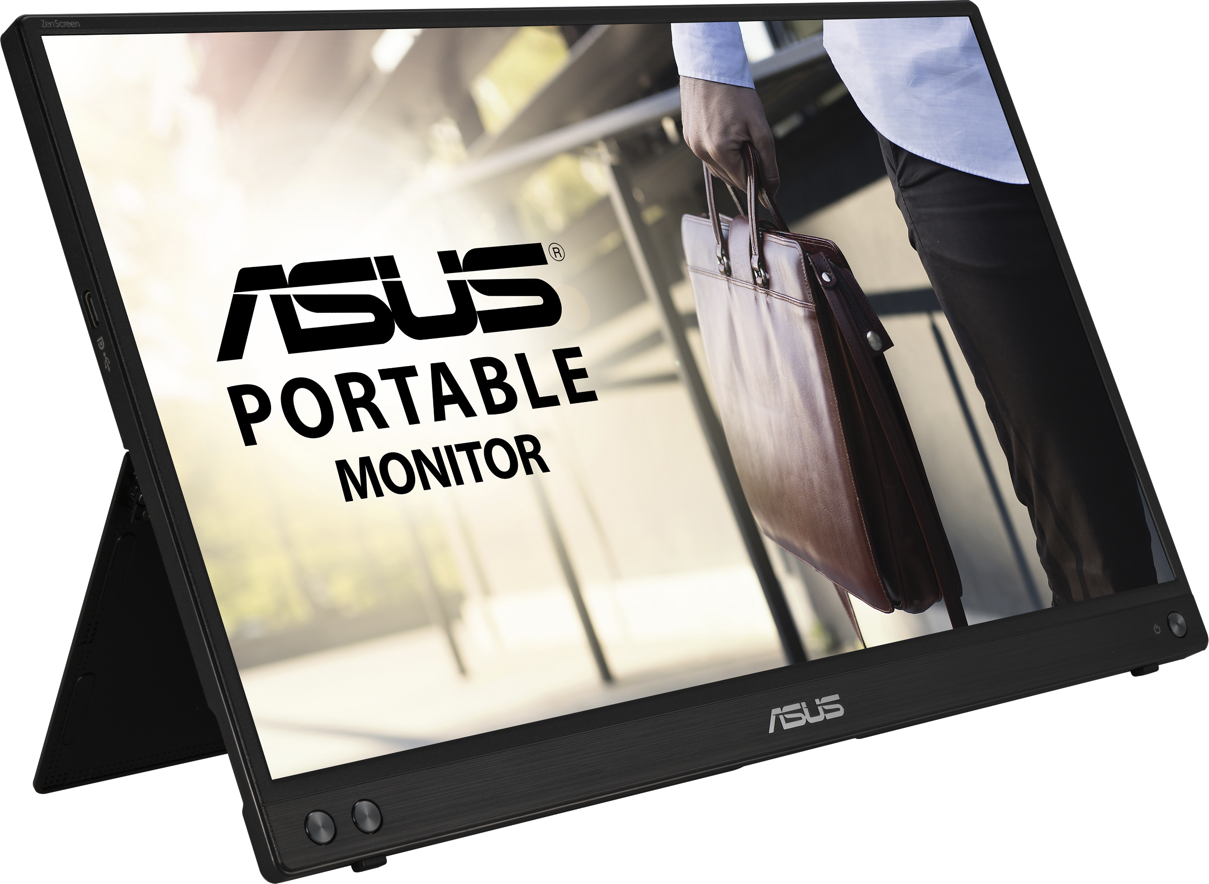 Tragbarer ASUS-Monitor, der eine helle Szene mit einer Person zeigt, die eine braune Aktentasche hält.