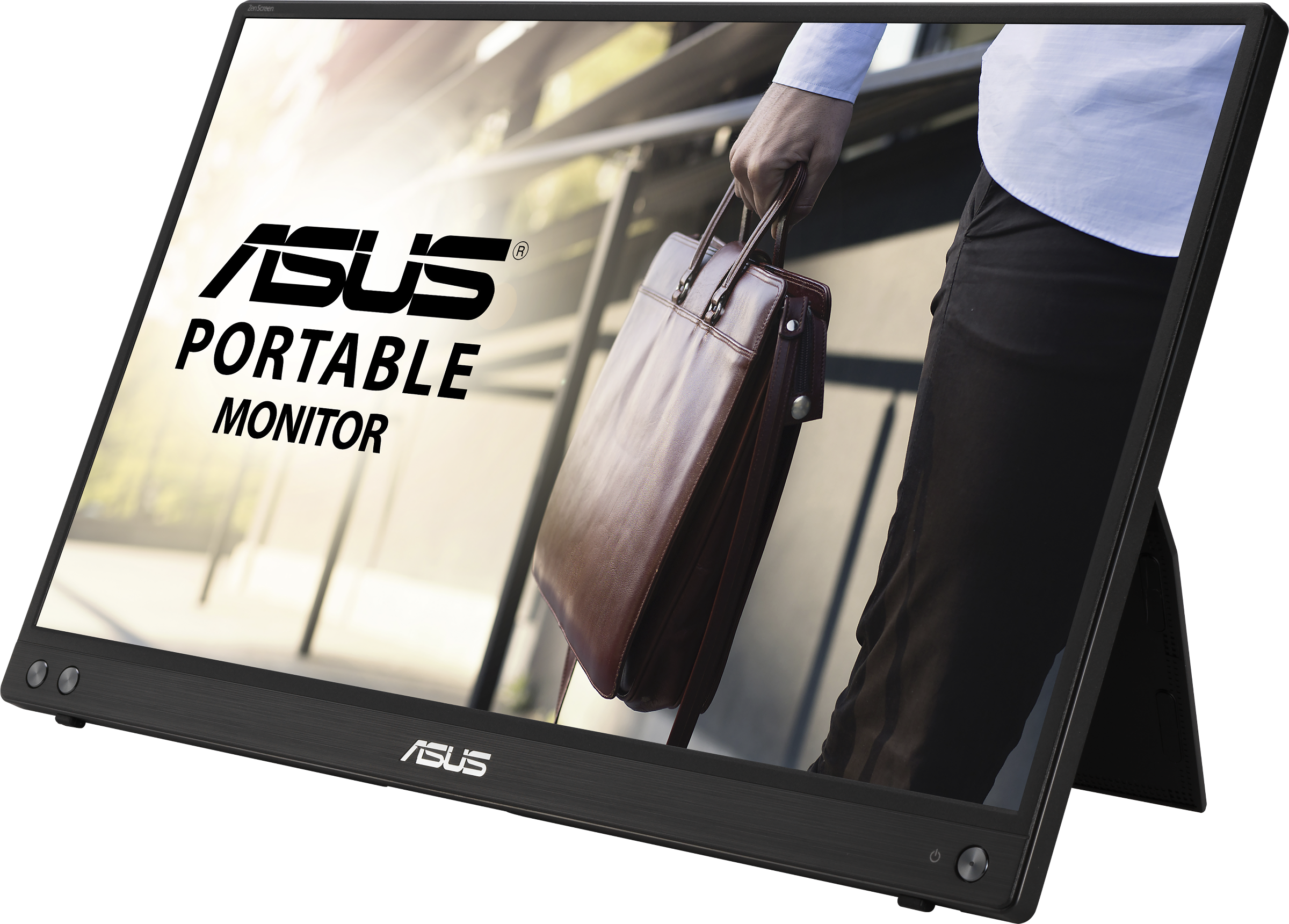 Tragbarer Asus-Monitor mit einer Person, die eine Tasche auf dem Bildschirm hält.