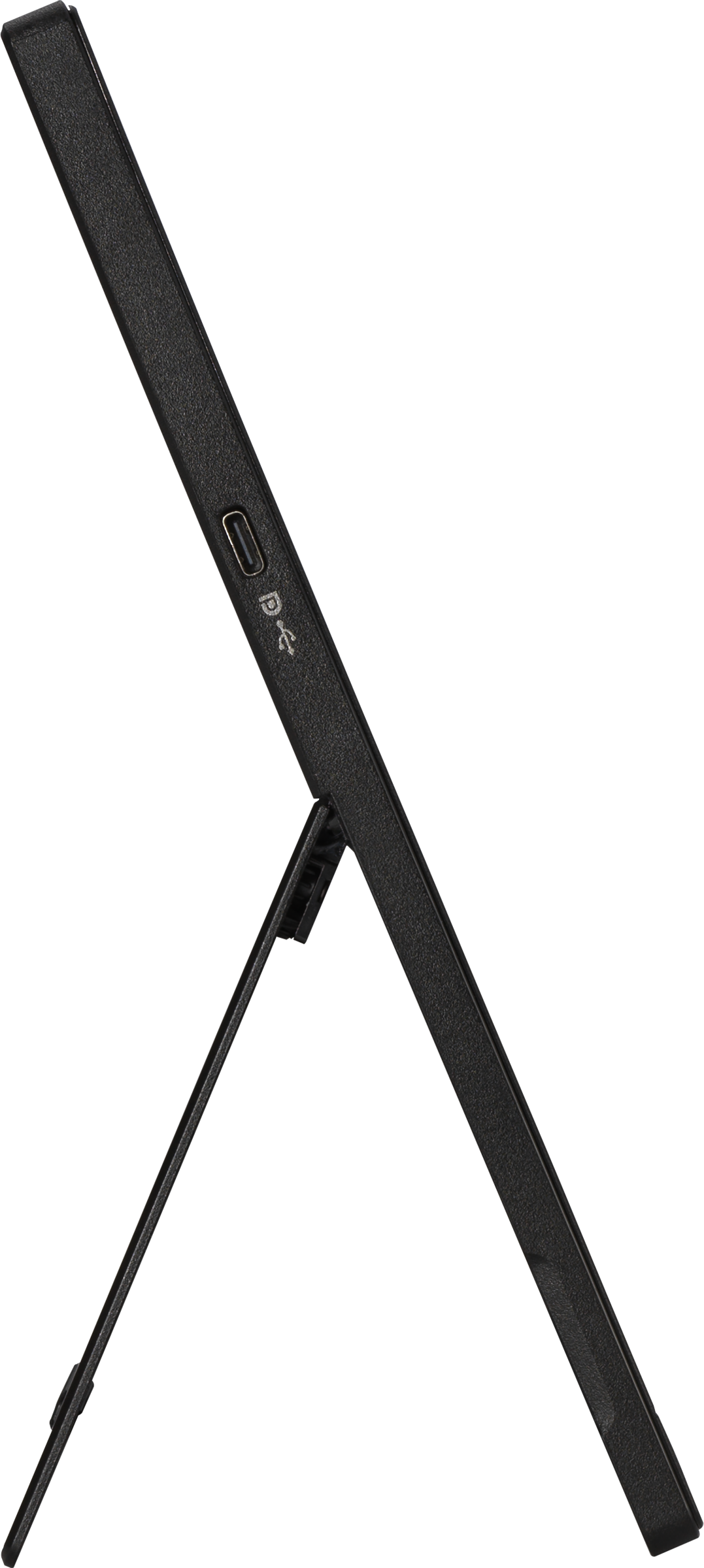 Ein schwarzes Tablet mit Ständer. Das Tablet ist schwarz und hat einen USB-Anschluss und einen Ladeanschluss.