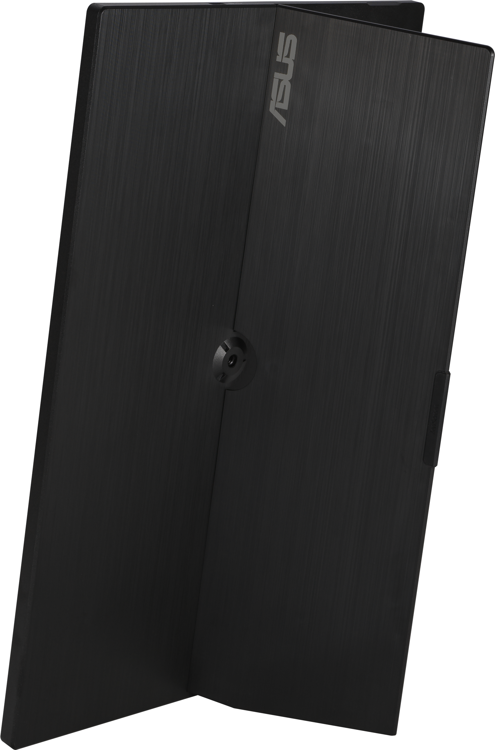 Schwarzer Monitor mit ASUS-Logo, abgewinkelt, zeigt die Rückseite des Bildschirms.
