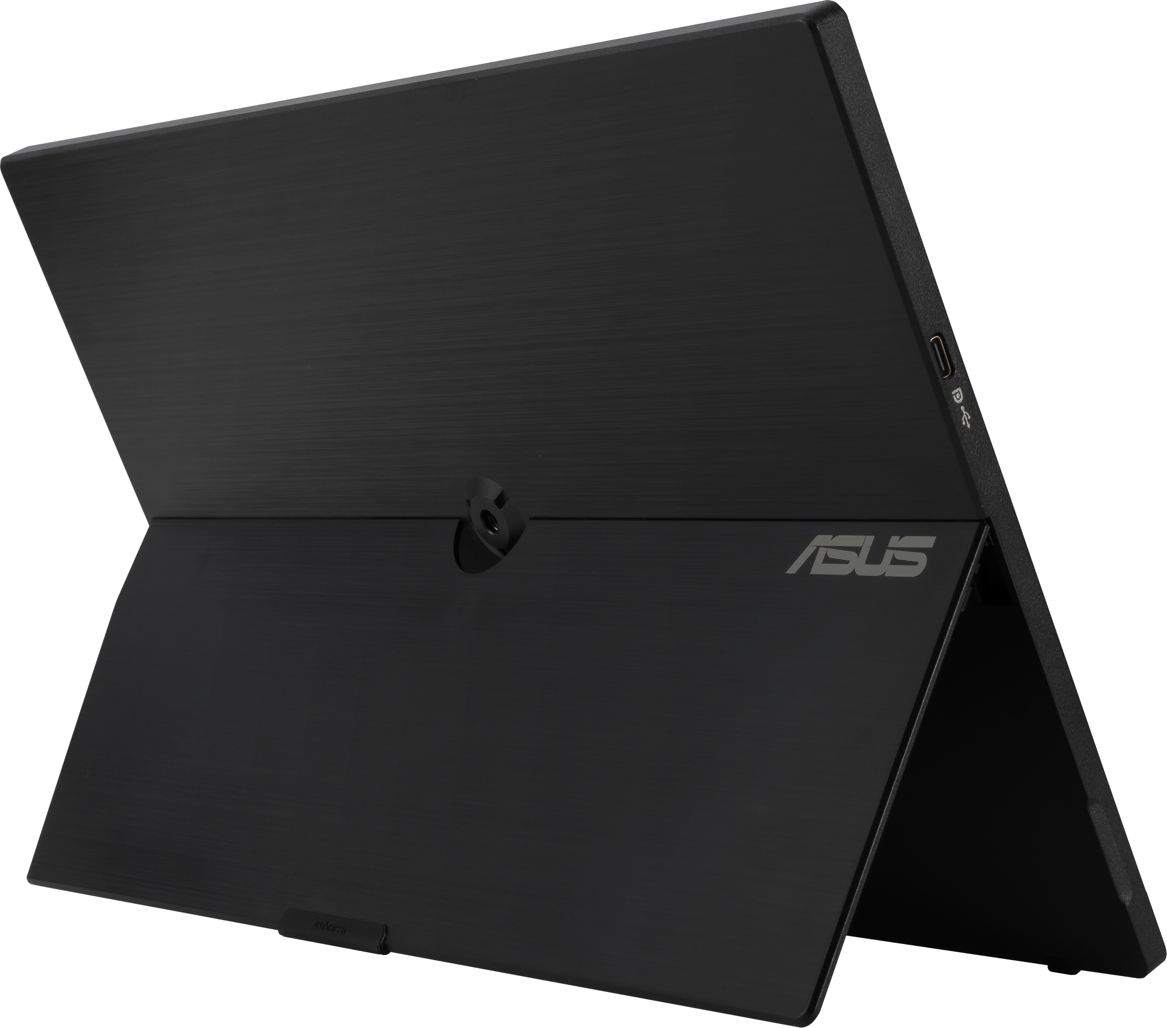 Schwarzer Laptop mit Ständer, ASUS-Logo, auf dunklem Hintergrund geöffnet.