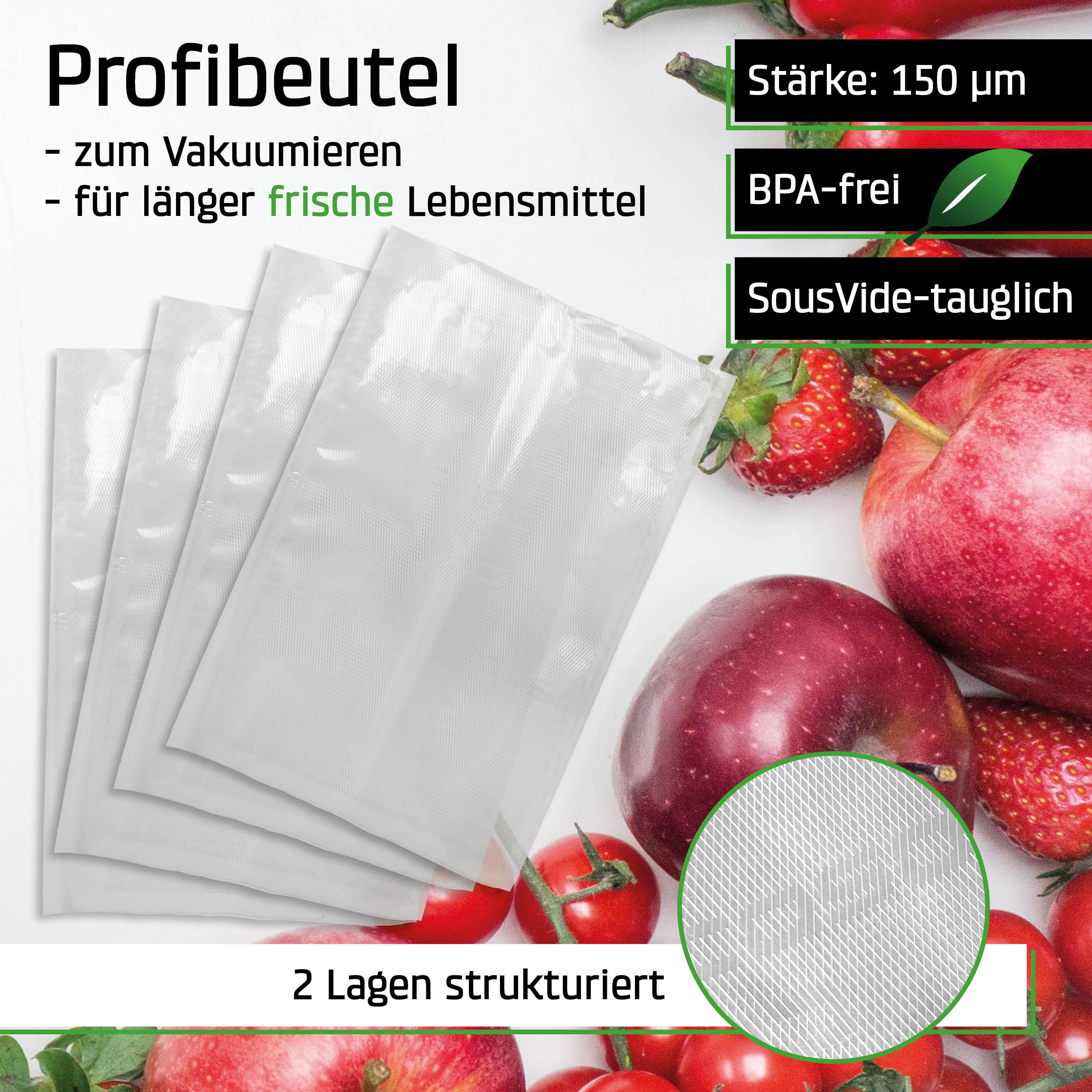 Vakuumierbeutel mit Text, umgeben von roten Äpfeln und Tomaten.