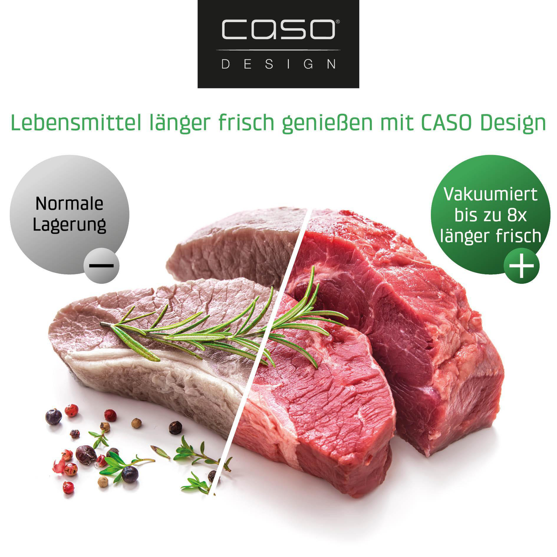 Rohes Fleisch mit CASO Design Label. Vergleich normale vs Vakuum-Lagerung für Frische.