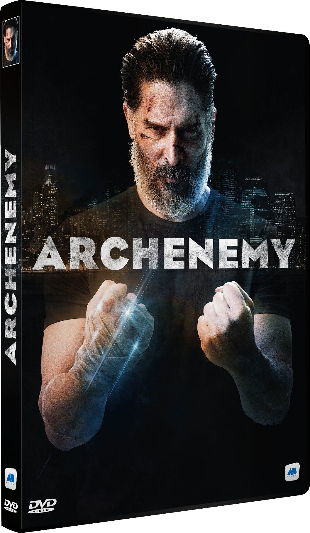 DVD-hoes voor de film 'Archenemy'. Een man in een zwart shirt, met een stadsachtergrond.