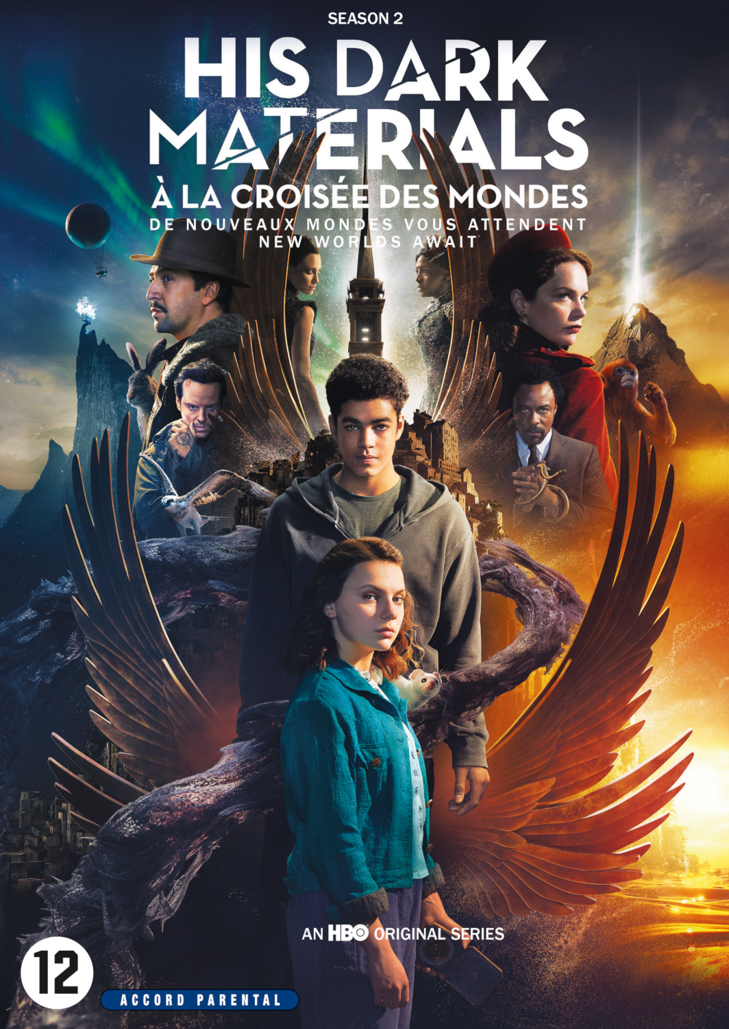 Poster van His Dark Materials seizoen 2 met verschillende personages en een draakachtig wezen.
